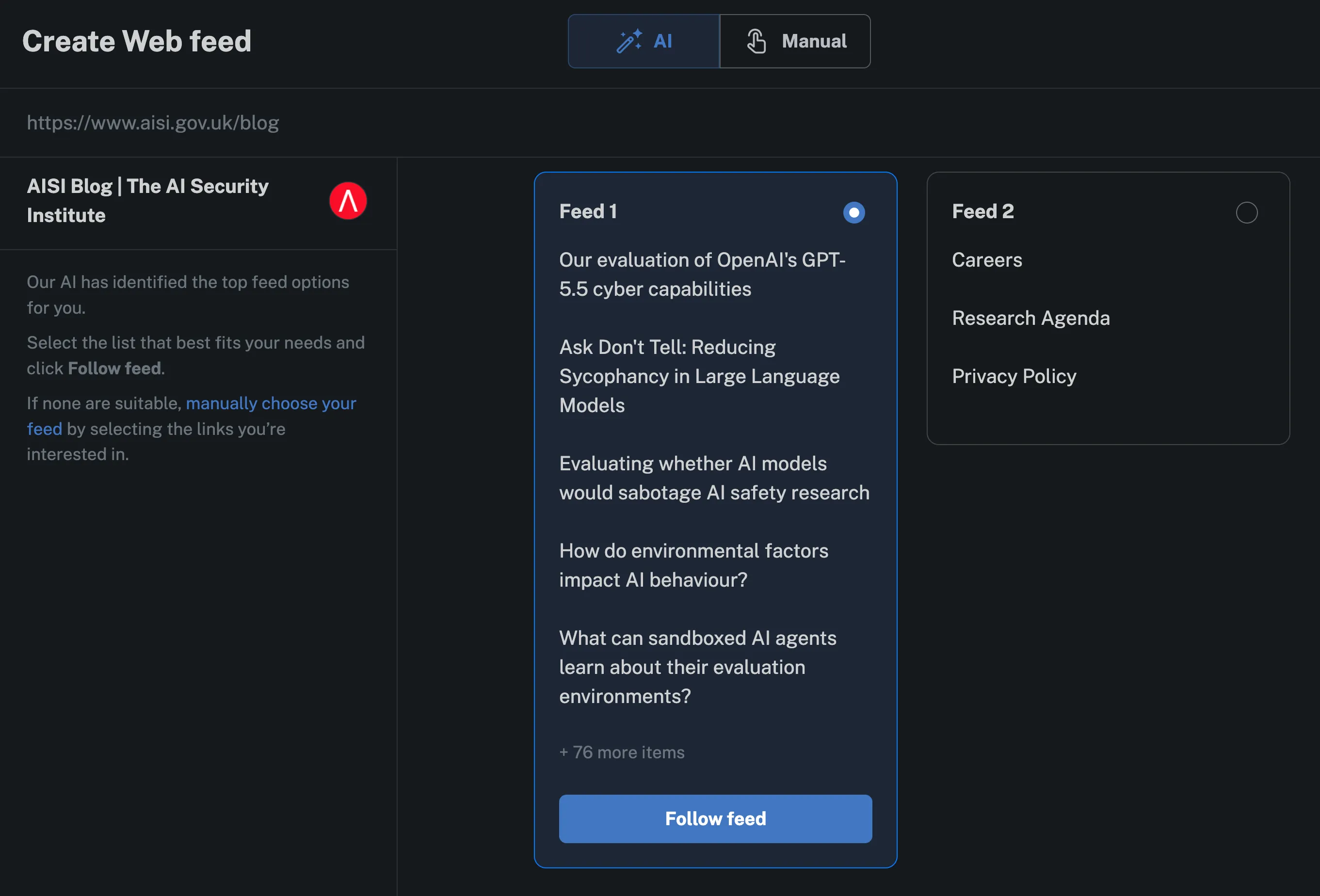 Inoreader showing it was able to create a web feed