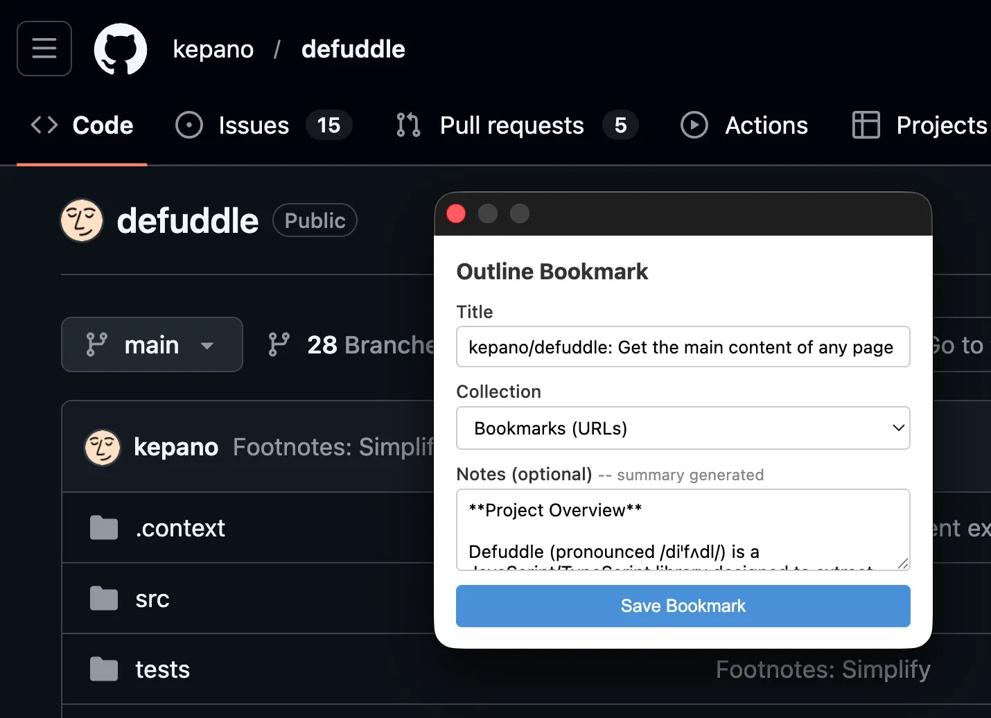Outline bookmark window with AI-generated summary
