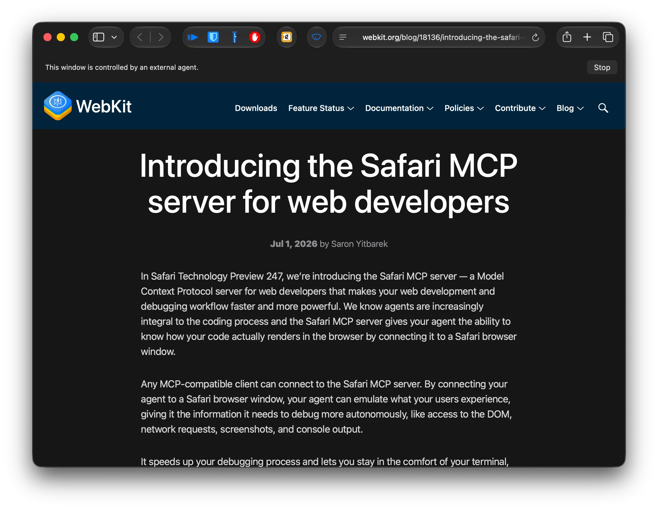 safari capture of the blog page with the MCP server running on it