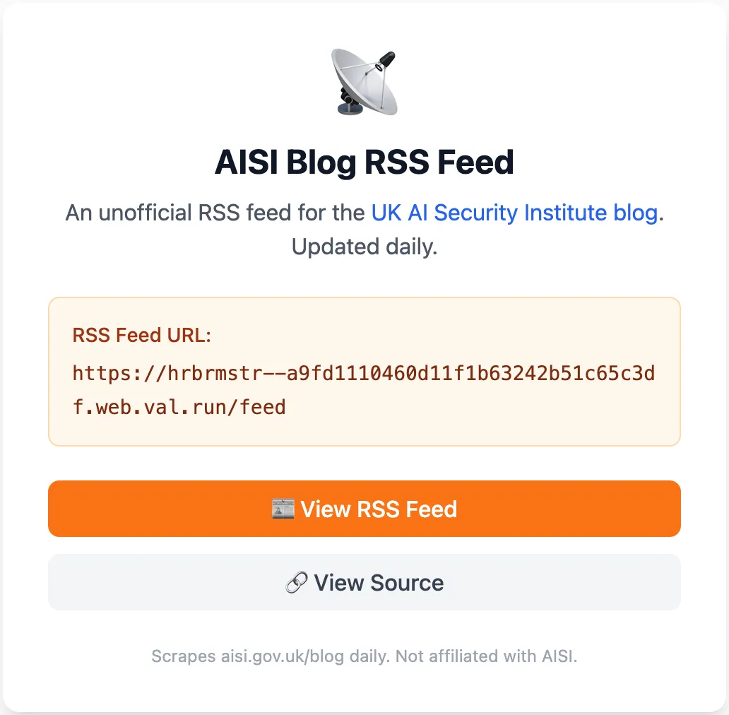Val Town AISI RSS App Landing Page